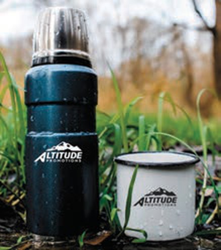 Branded drinkware, an insulated bottle and enamel mug